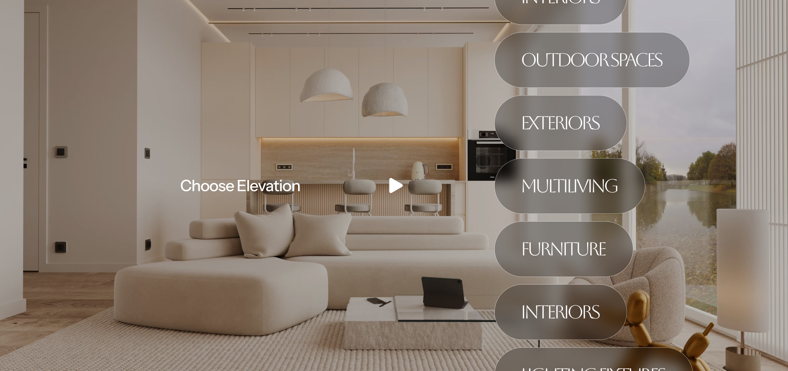 Graphic depicting UI-styled buttons with different categories of interior design items on top of an image of a modern interior living room.